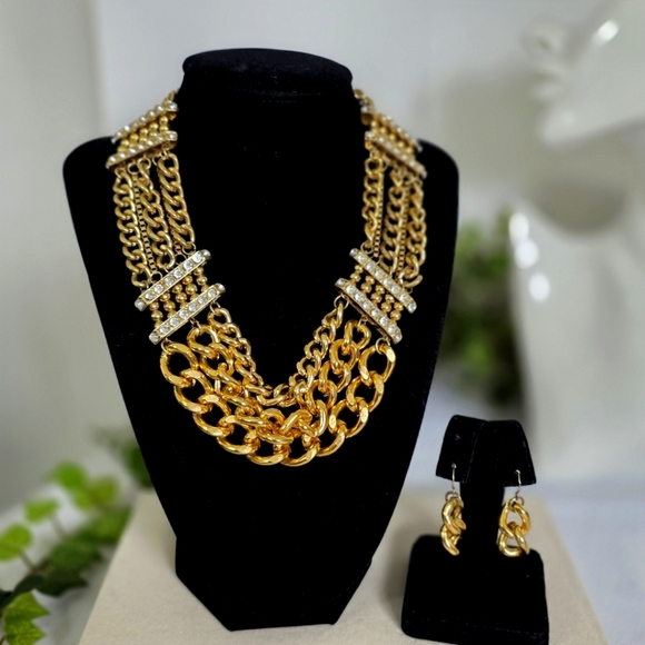 Vintage Chunky Multi Gold Chain Necklace and Earrings Set - Picture 1 of 11